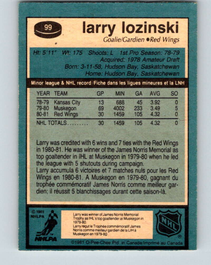 1981-82 O-Pee-Chee #99 Larry Lozinski  RC Rookie Detroit Red Wings  V30160