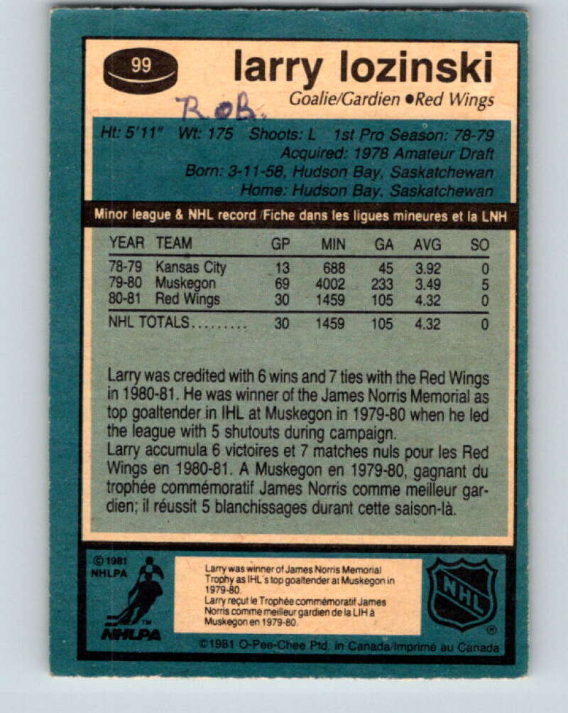 1981-82 O-Pee-Chee #99 Larry Lozinski  RC Rookie Detroit Red Wings  V30162