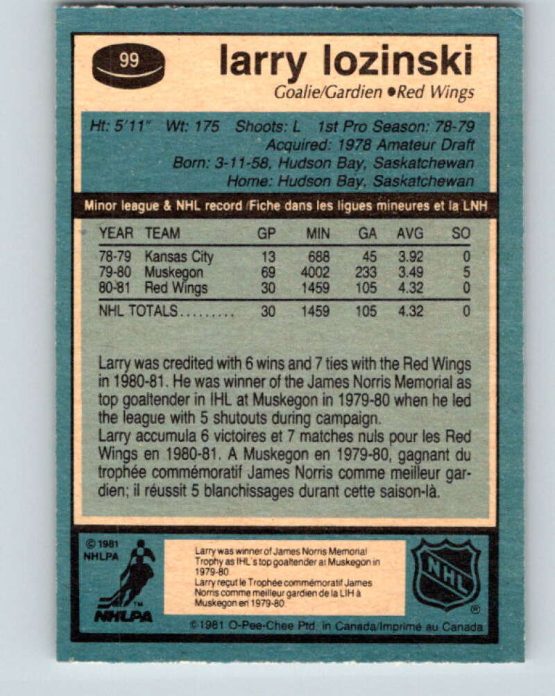 1981-82 O-Pee-Chee #99 Larry Lozinski  RC Rookie Detroit Red Wings  V30164