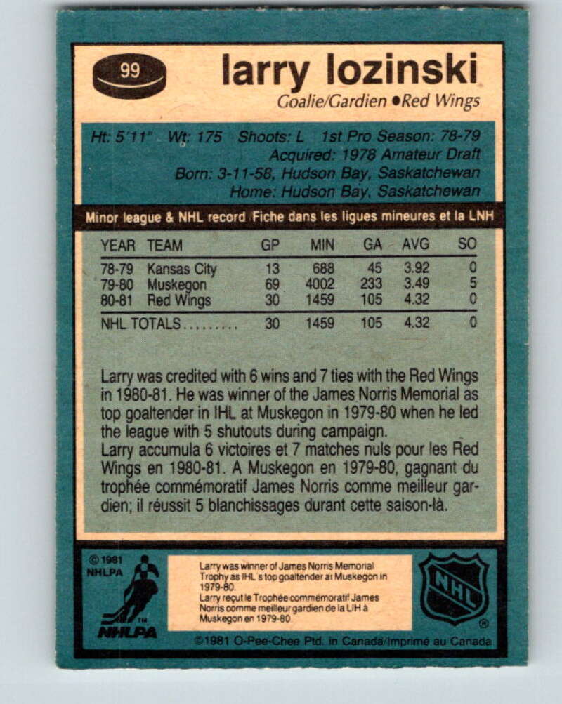 1981-82 O-Pee-Chee #99 Larry Lozinski  RC Rookie Detroit Red Wings  V30165