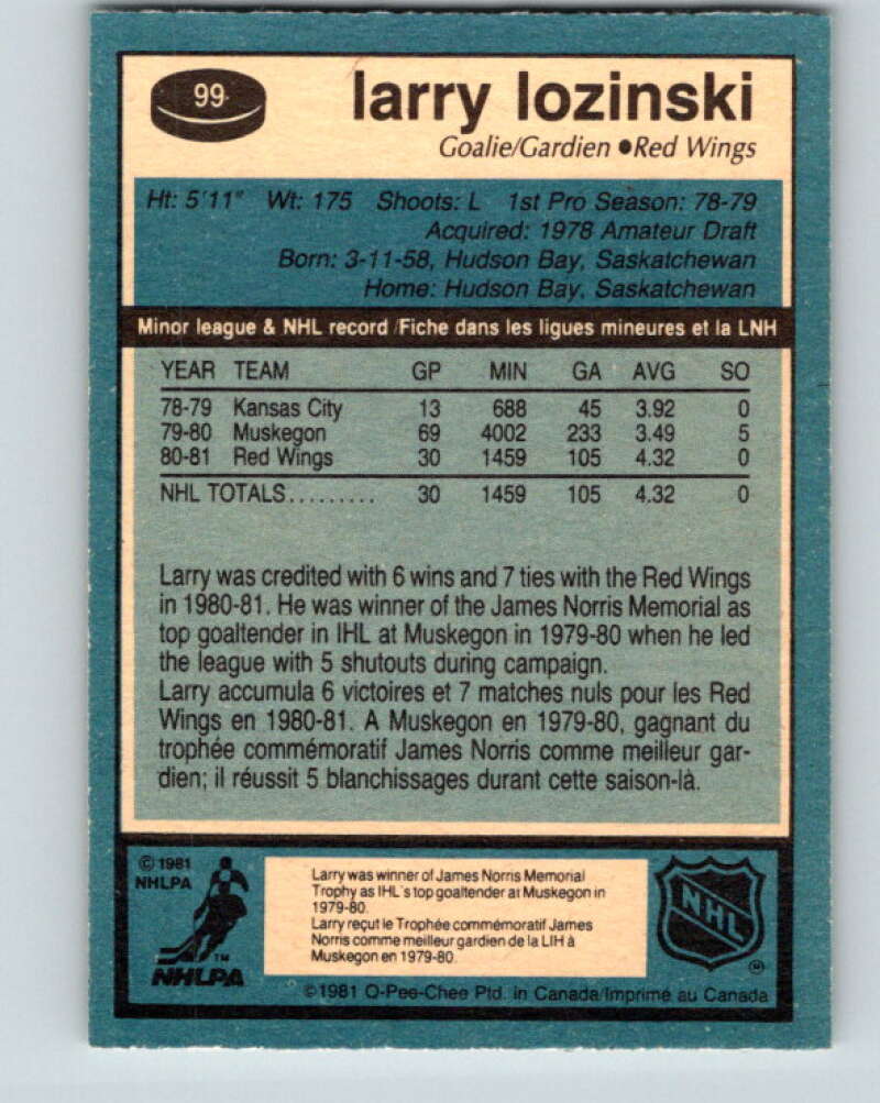 1981-82 O-Pee-Chee #99 Larry Lozinski  RC Rookie Detroit Red Wings  V30166