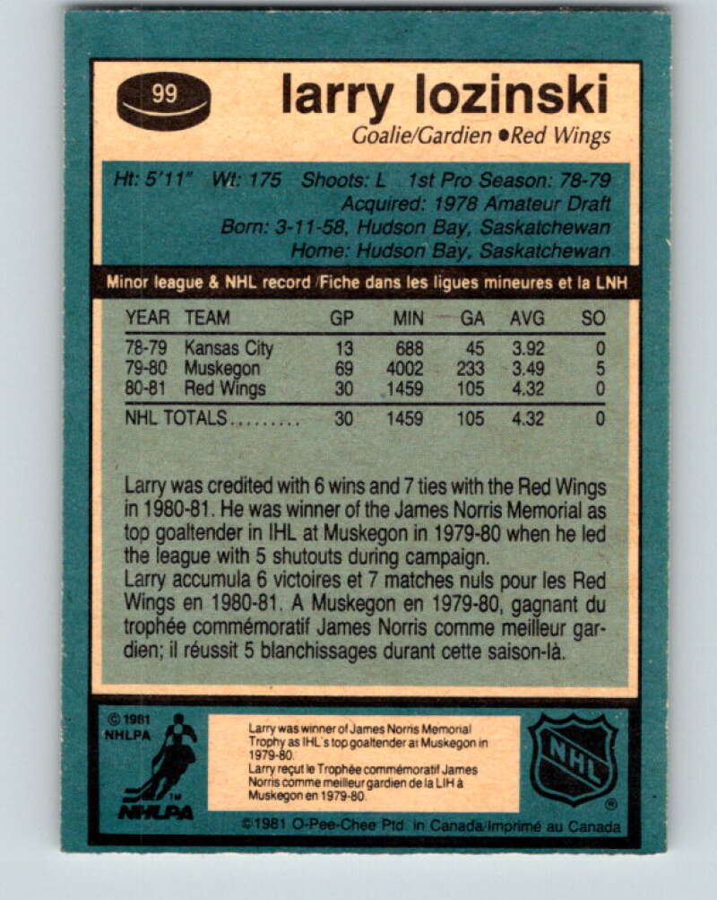 1981-82 O-Pee-Chee #99 Larry Lozinski  RC Rookie Detroit Red Wings  V30168