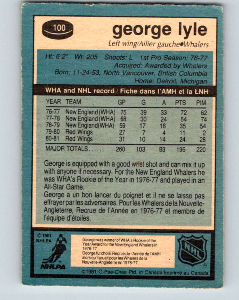 1981-82 O-Pee-Chee #100 George Lyle  Hartford Whalers  V30169
