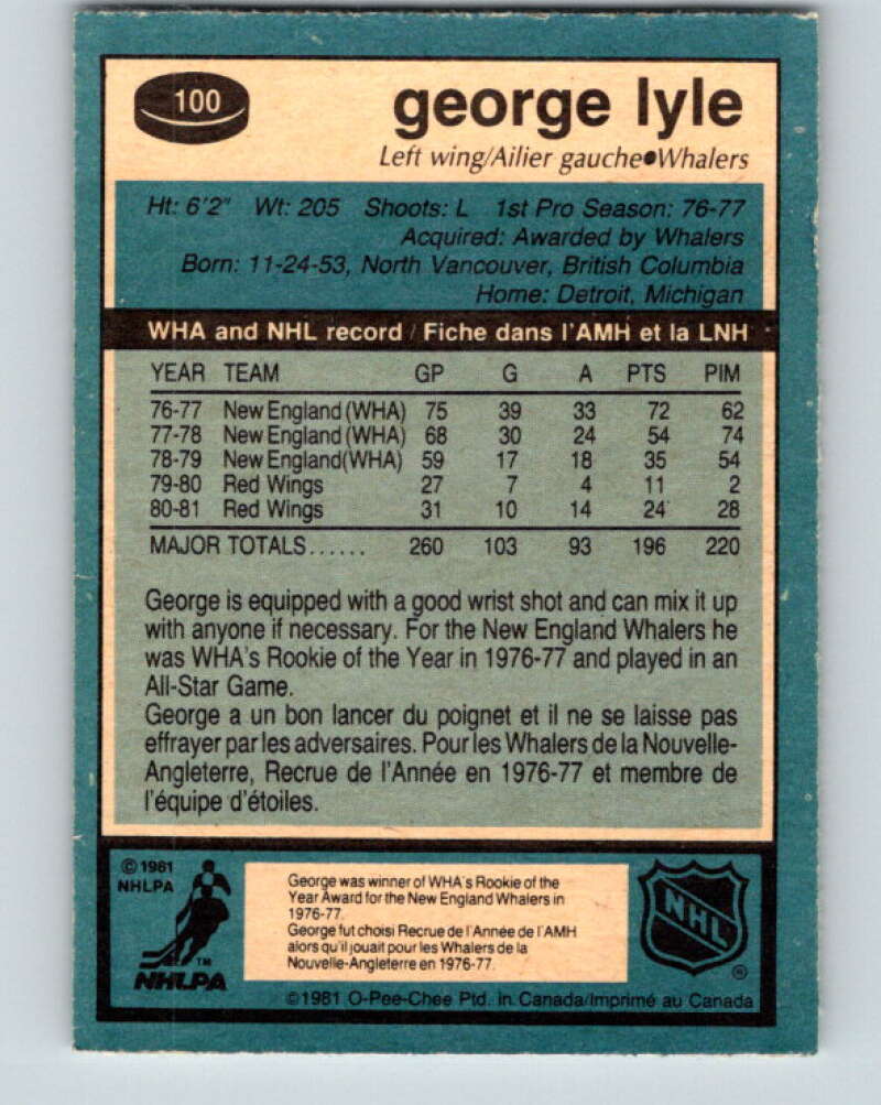 1981-82 O-Pee-Chee #100 George Lyle  Hartford Whalers  V30173
