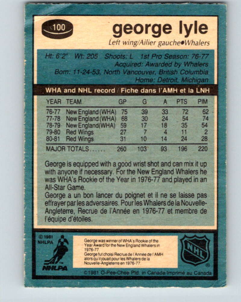 1981-82 O-Pee-Chee #100 George Lyle  Hartford Whalers  V30174