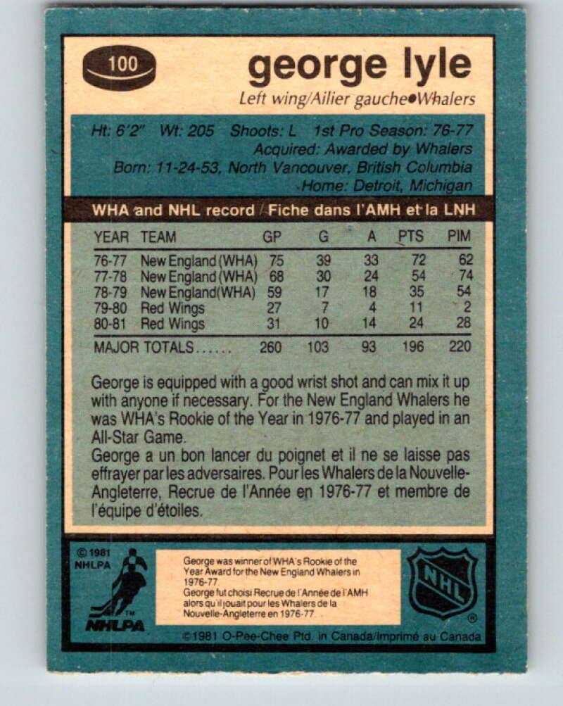 1981-82 O-Pee-Chee #100 George Lyle  Hartford Whalers  V30175