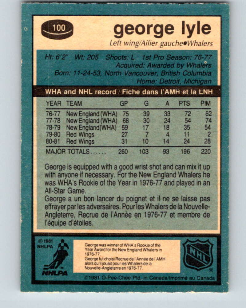 1981-82 O-Pee-Chee #100 George Lyle  Hartford Whalers  V30176