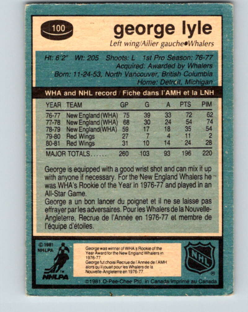 1981-82 O-Pee-Chee #100 George Lyle  Hartford Whalers  V30177