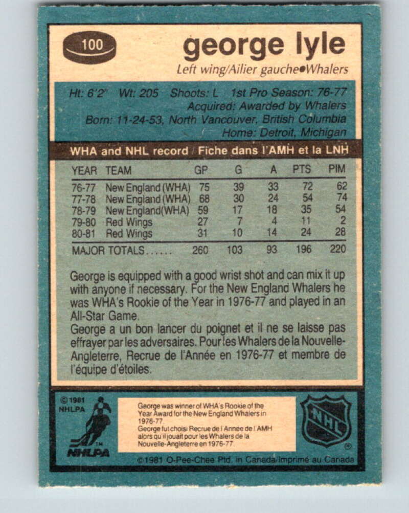 1981-82 O-Pee-Chee #100 George Lyle  Hartford Whalers  V30178