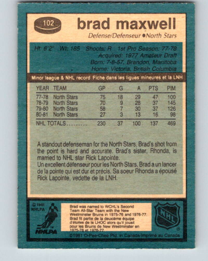 1981-82 O-Pee-Chee #102 Brad Maxwell  Minnesota North Stars  V30191