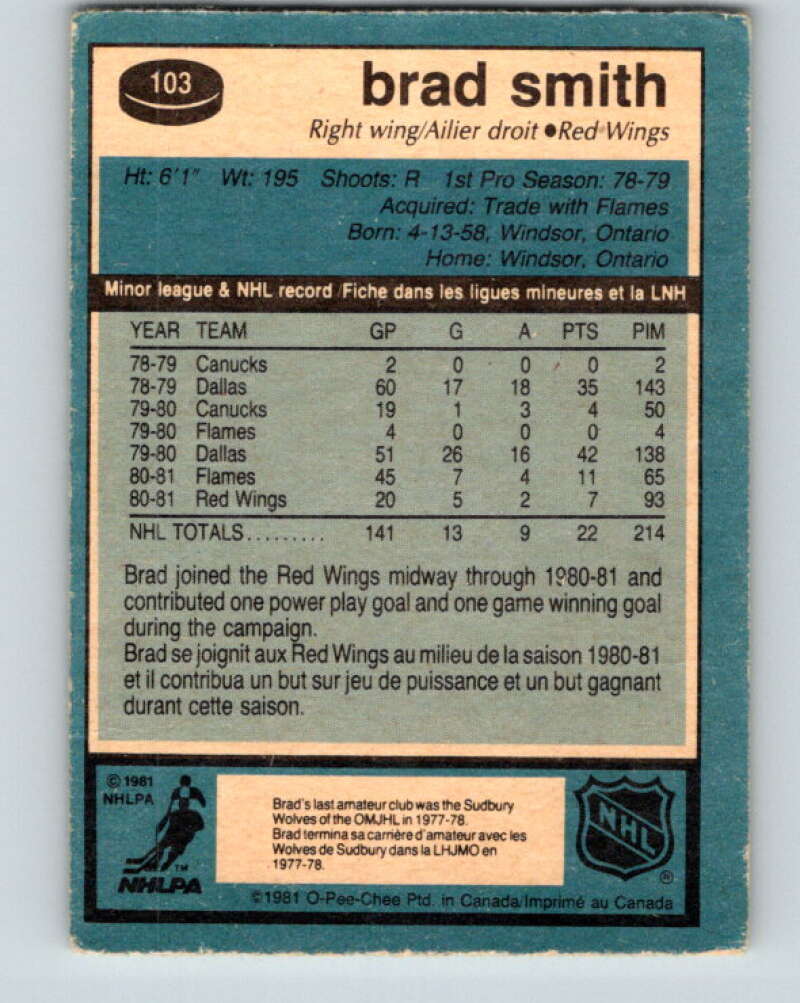 1981-82 O-Pee-Chee #103 Brad Smith  RC Rookie Detroit Red Wings  V30194