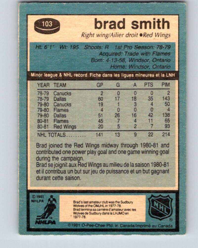 1981-82 O-Pee-Chee #103 Brad Smith  RC Rookie Detroit Red Wings  V30197