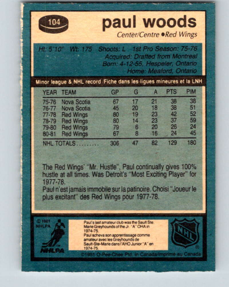 1981-82 O-Pee-Chee #104 Paul Woods  Detroit Red Wings  V30200