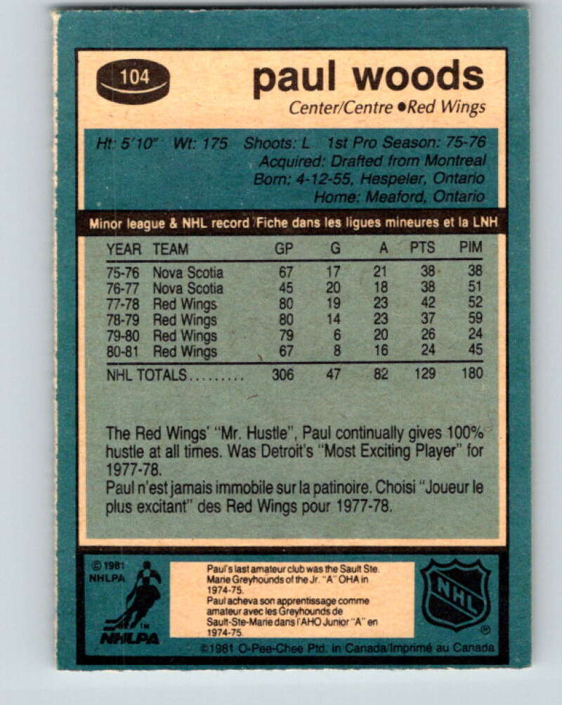 1981-82 O-Pee-Chee #104 Paul Woods  Detroit Red Wings  V30207