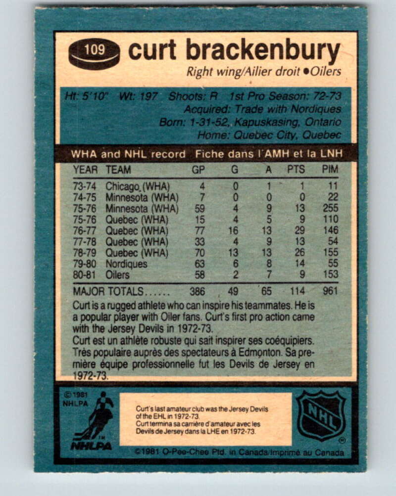 1981-82 O-Pee-Chee #109 Curt Brackenbury  Edmonton Oilers  V30218