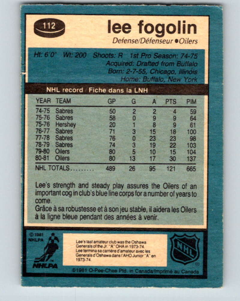 1981-82 O-Pee-Chee #112 Lee Fogolin  Edmonton Oilers  V30232