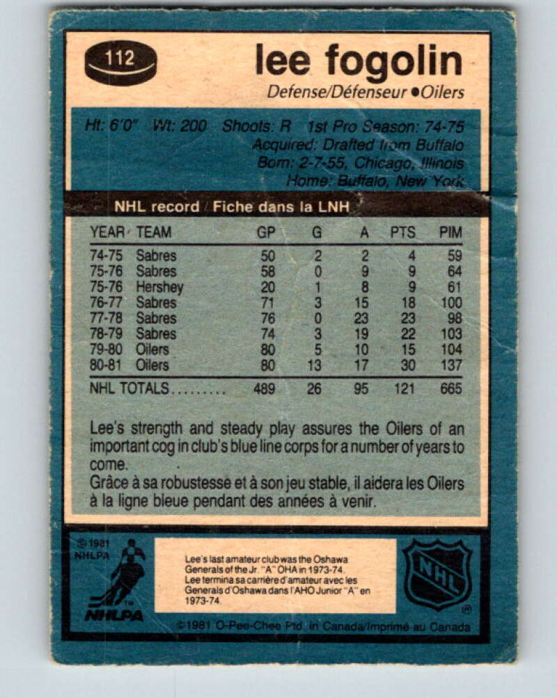 1981-82 O-Pee-Chee #112 Lee Fogolin  Edmonton Oilers  V30235