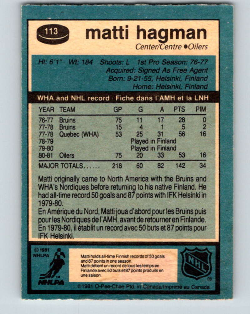 1981-82 O-Pee-Chee #113 Matti Hagman  RC Rookie Edmonton Oilers  V30243