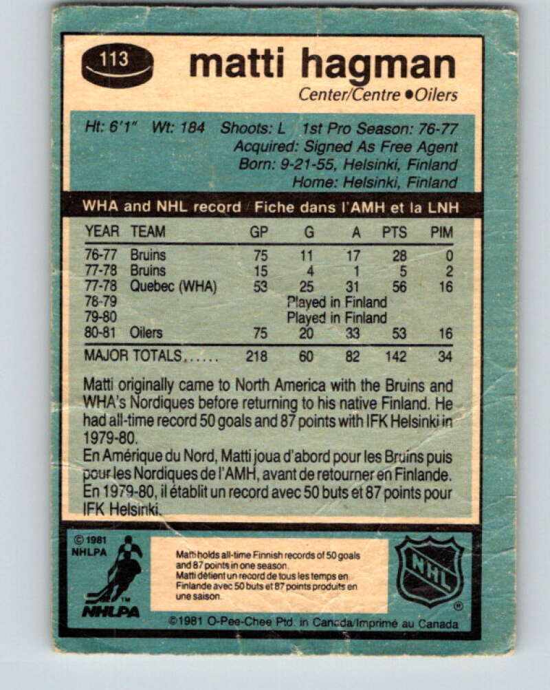 1981-82 O-Pee-Chee #113 Matti Hagman  RC Rookie Edmonton Oilers  V30245