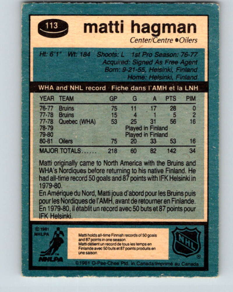 1981-82 O-Pee-Chee #113 Matti Hagman  RC Rookie Edmonton Oilers  V30248
