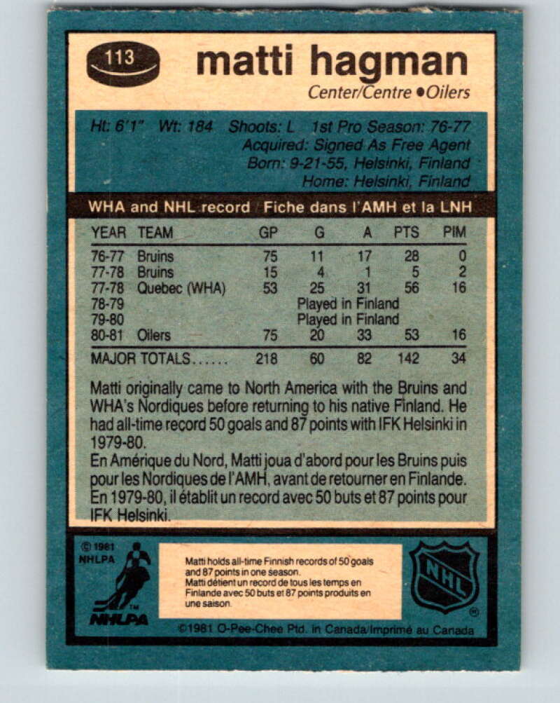 1981-82 O-Pee-Chee #113 Matti Hagman  RC Rookie Edmonton Oilers  V30249