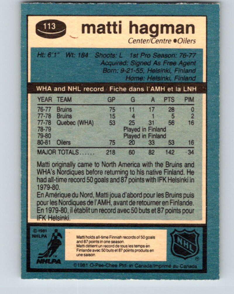 1981-82 O-Pee-Chee #113 Matti Hagman  RC Rookie Edmonton Oilers  V30250