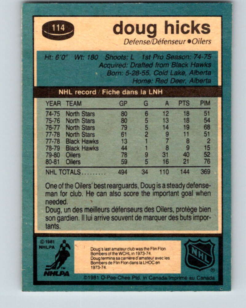 1981-82 O-Pee-Chee #114 Doug Hicks  Edmonton Oilers  V30251