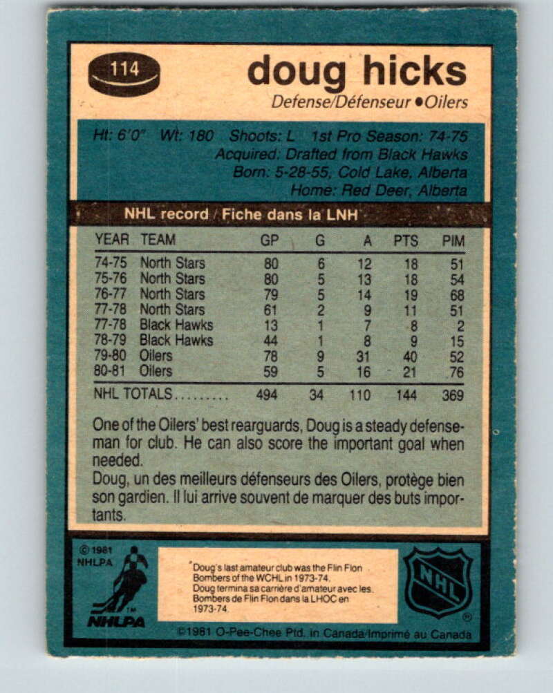 1981-82 O-Pee-Chee #114 Doug Hicks  Edmonton Oilers  V30252