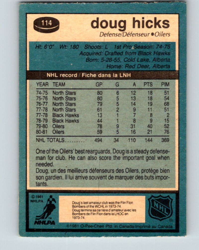 1981-82 O-Pee-Chee #114 Doug Hicks  Edmonton Oilers  V30253