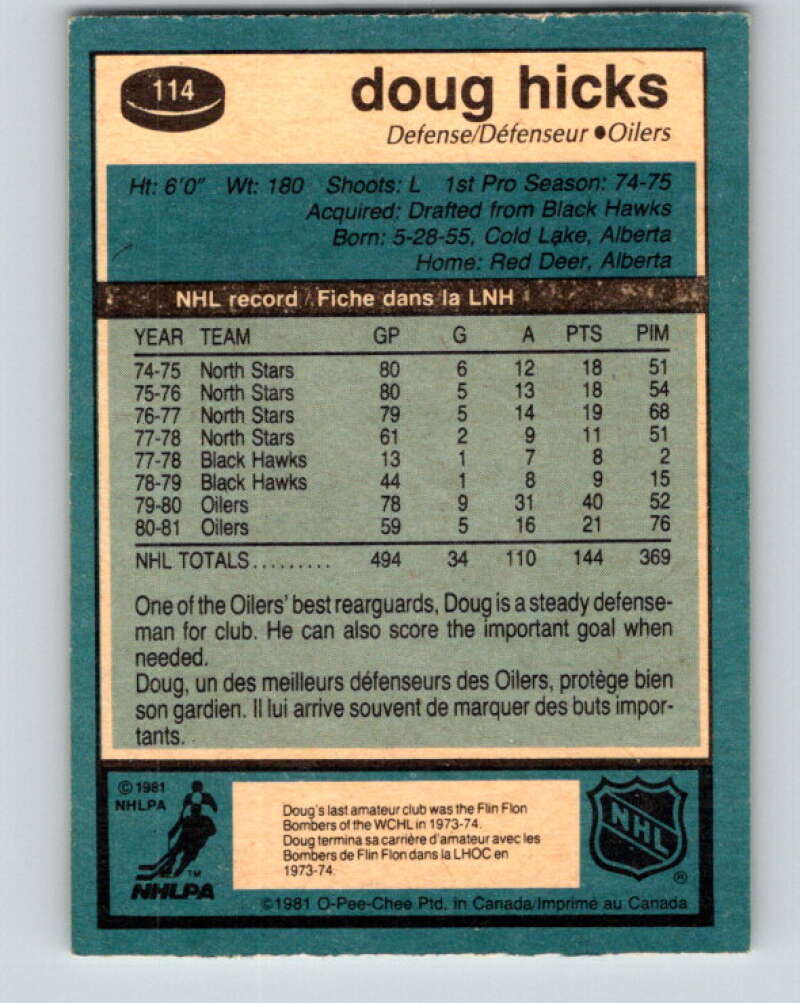 1981-82 O-Pee-Chee #114 Doug Hicks  Edmonton Oilers  V30254