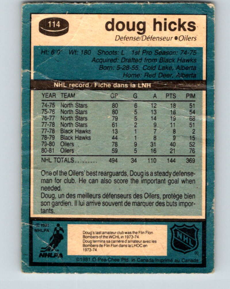 1981-82 O-Pee-Chee #114 Doug Hicks  Edmonton Oilers  V30256
