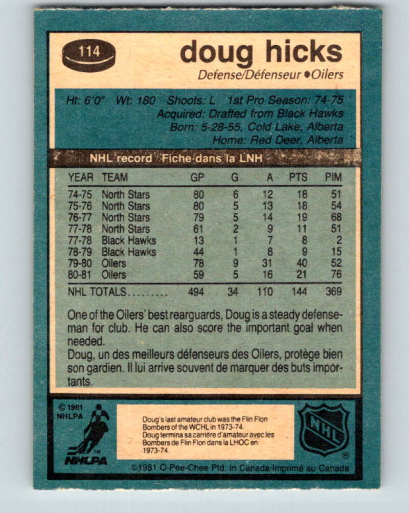 1981-82 O-Pee-Chee #114 Doug Hicks  Edmonton Oilers  V30257