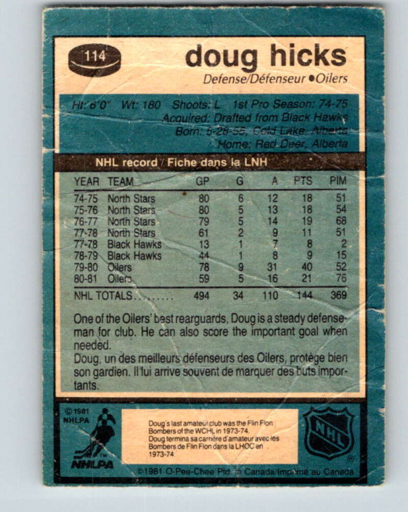 1981-82 O-Pee-Chee #114 Doug Hicks  Edmonton Oilers  V30259