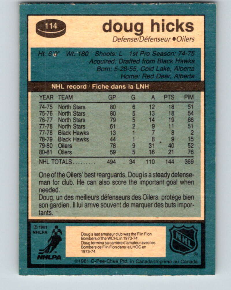1981-82 O-Pee-Chee #114 Doug Hicks  Edmonton Oilers  V30260