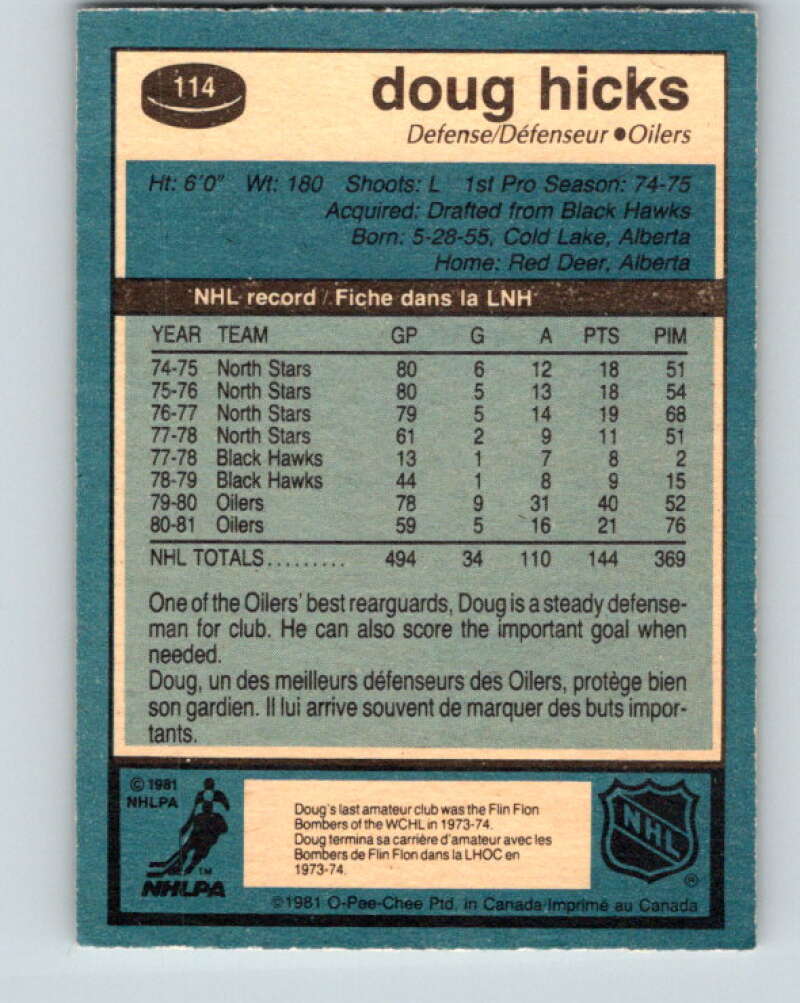 1981-82 O-Pee-Chee #114 Doug Hicks  Edmonton Oilers  V30261