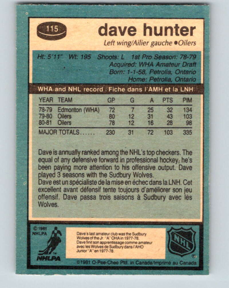 1981-82 O-Pee-Chee #115 Dave Hunter  Edmonton Oilers  V30264