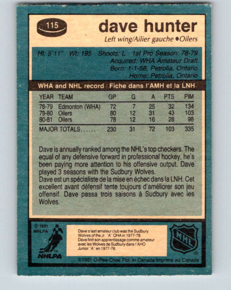 1981-82 O-Pee-Chee #115 Dave Hunter  Edmonton Oilers  V30270