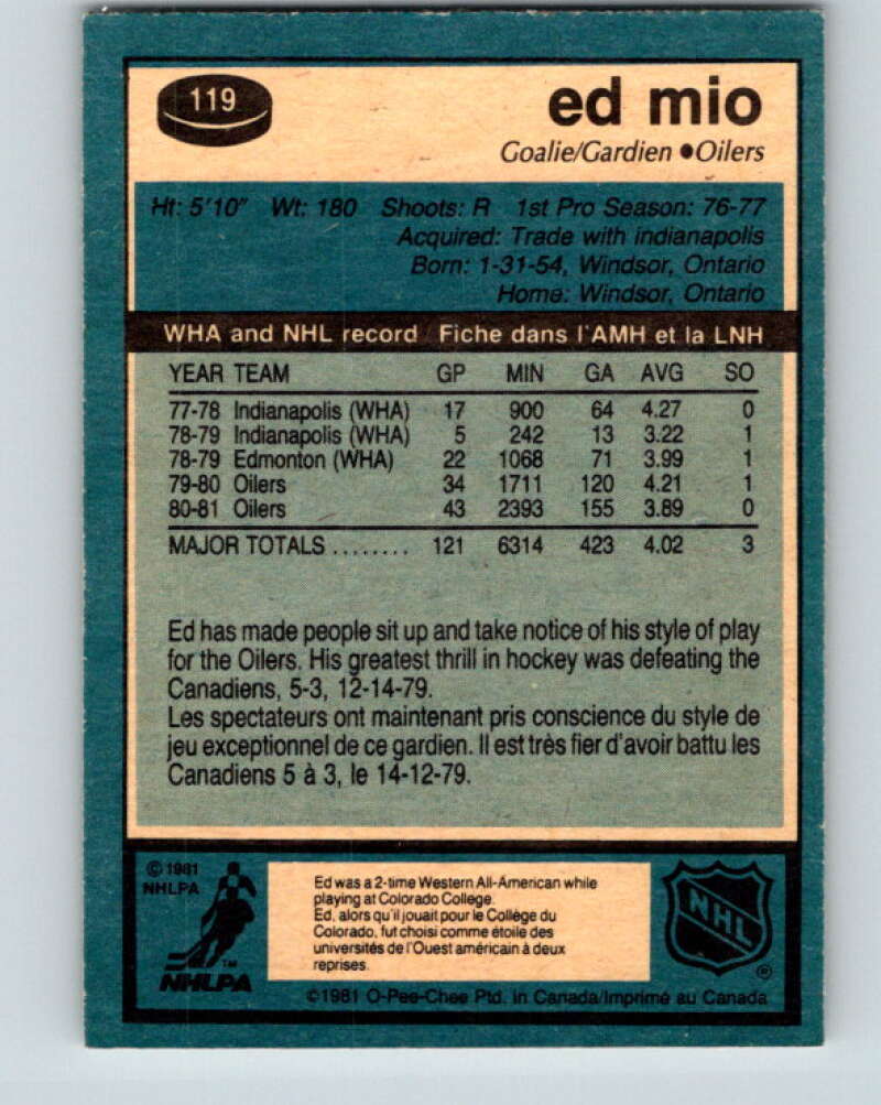 1981-82 O-Pee-Chee #119 Eddie Mio  Edmonton Oilers  V30276