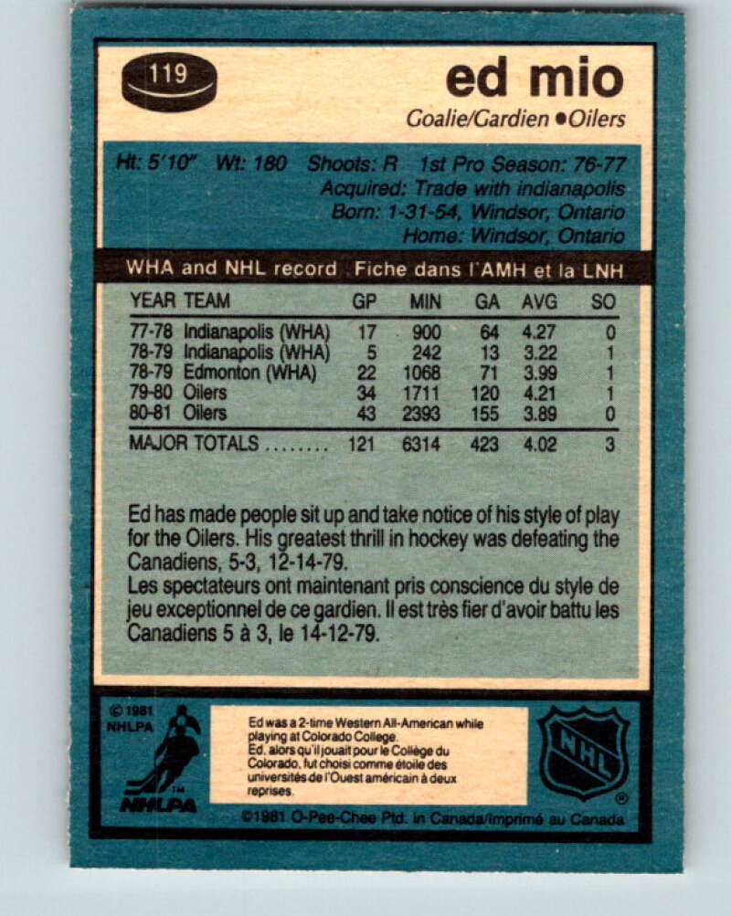 1981-82 O-Pee-Chee #119 Eddie Mio  Edmonton Oilers  V30281