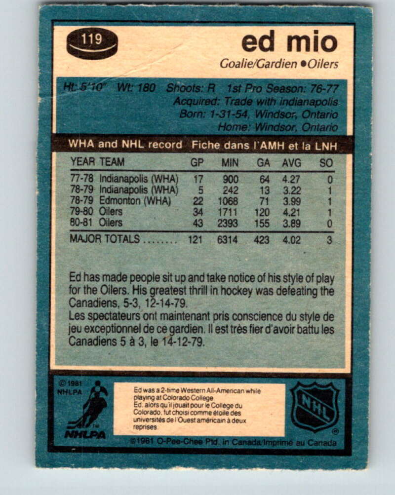 1981-82 O-Pee-Chee #119 Eddie Mio  Edmonton Oilers  V30282