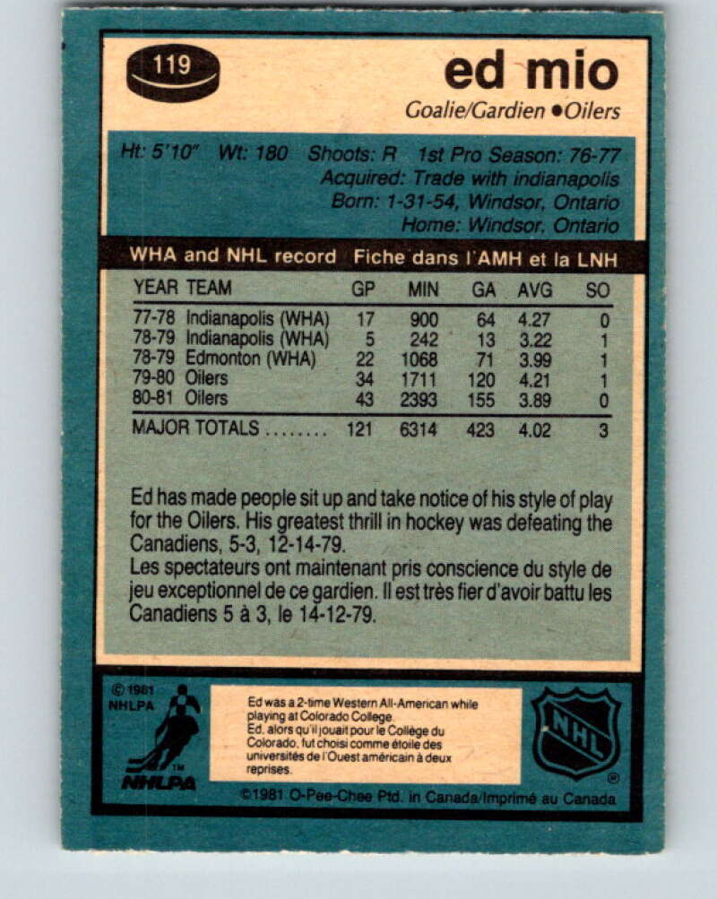 1981-82 O-Pee-Chee #119 Eddie Mio  Edmonton Oilers  V30283