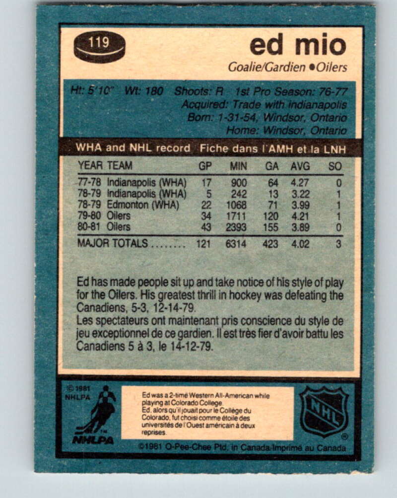 1981-82 O-Pee-Chee #119 Eddie Mio  Edmonton Oilers  V30285