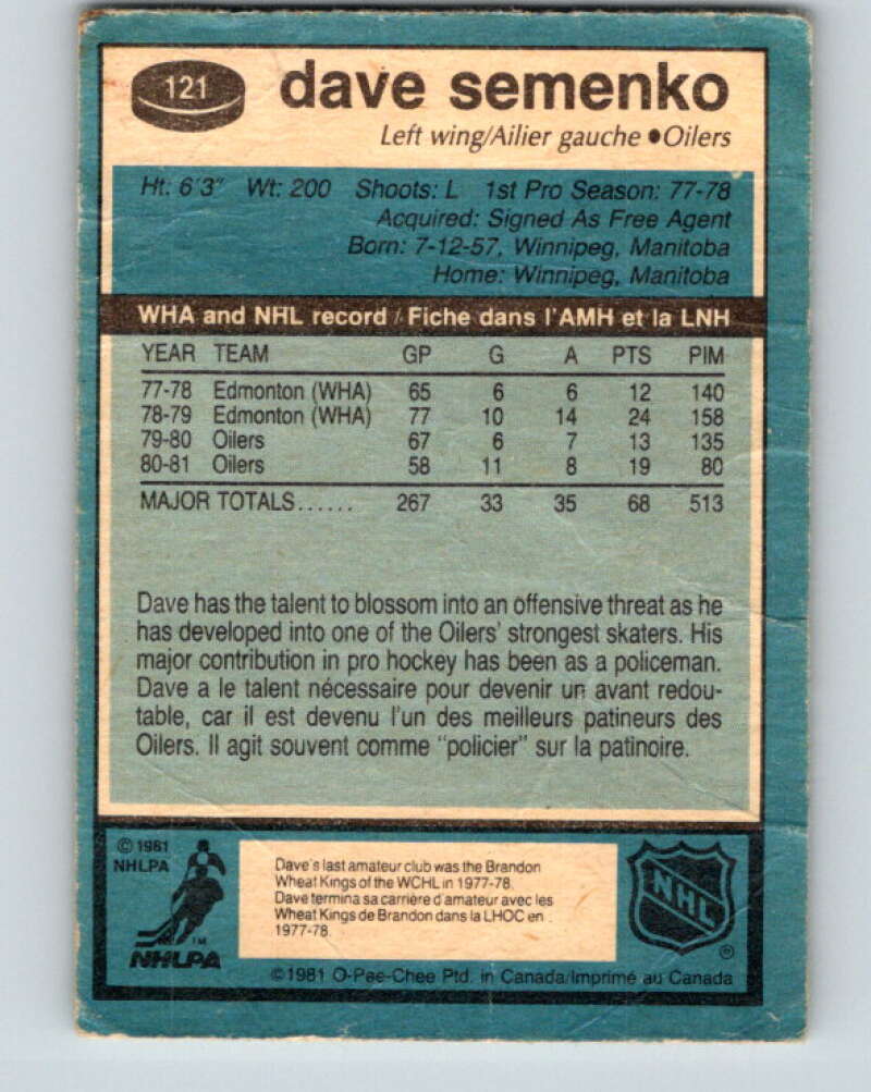1981-82 O-Pee-Chee #121 Dave Semenko  Edmonton Oilers  V30286