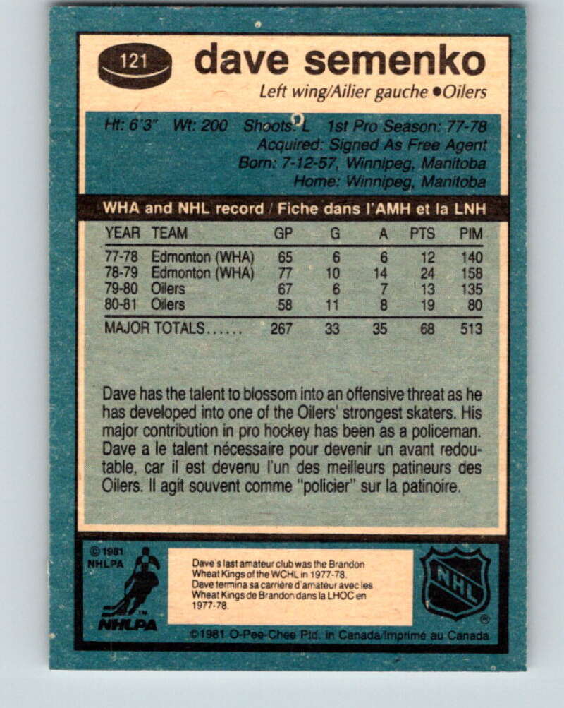 1981-82 O-Pee-Chee #121 Dave Semenko  Edmonton Oilers  V30288