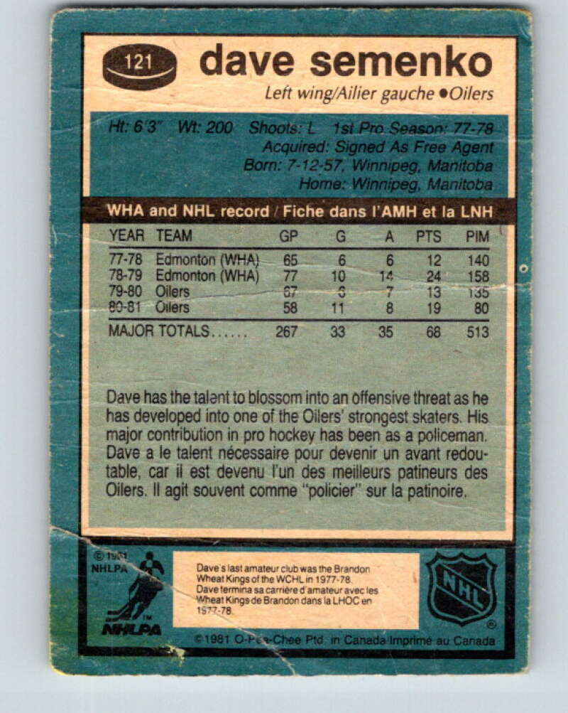 1981-82 O-Pee-Chee #121 Dave Semenko  Edmonton Oilers  V30289