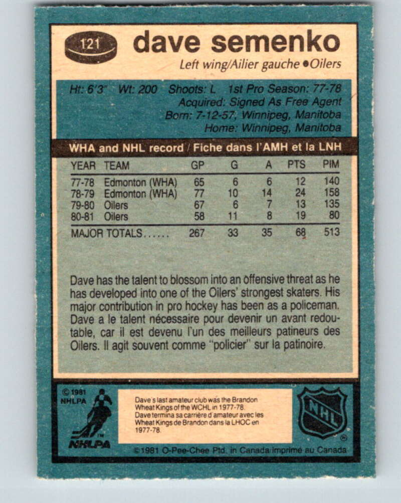 1981-82 O-Pee-Chee #121 Dave Semenko  Edmonton Oilers  V30290