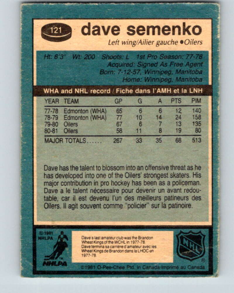 1981-82 O-Pee-Chee #121 Dave Semenko  Edmonton Oilers  V30293