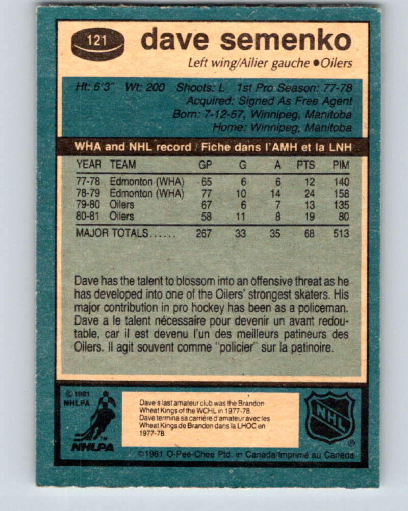 1981-82 O-Pee-Chee #121 Dave Semenko  Edmonton Oilers  V30295