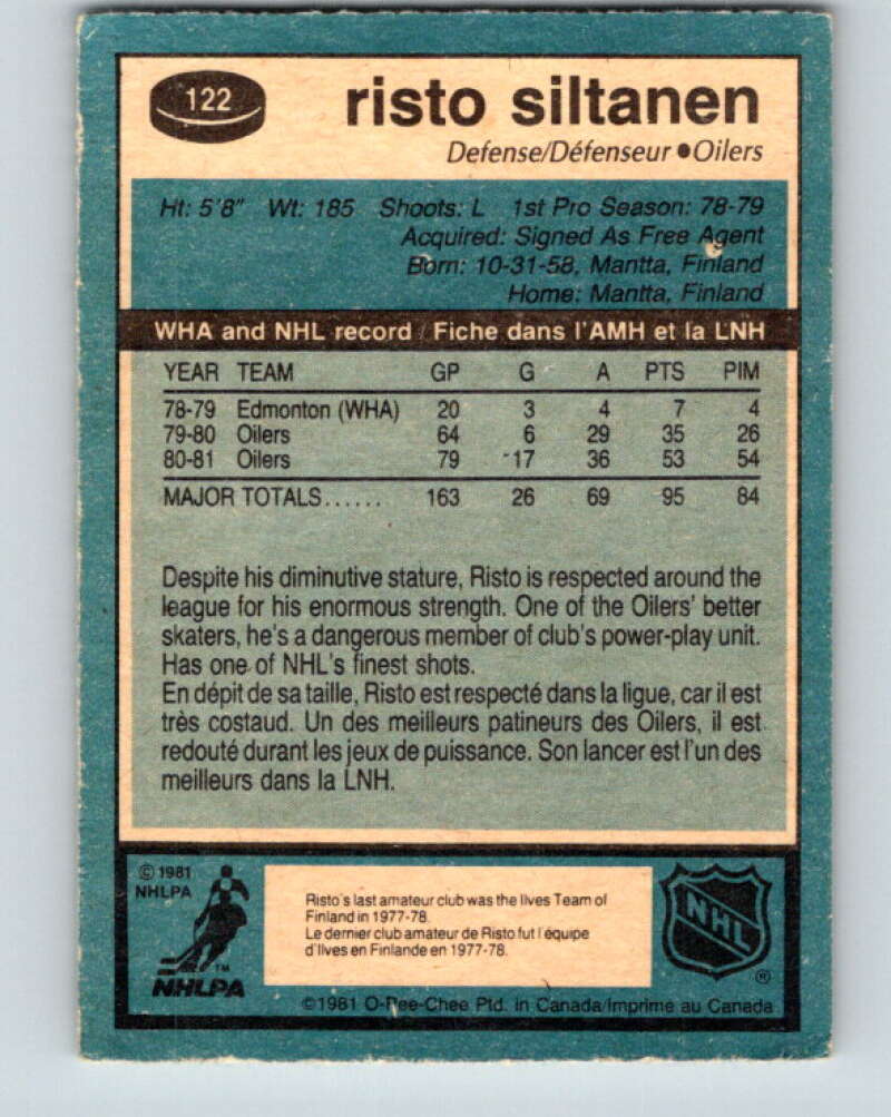 1981-82 O-Pee-Chee #122 Risto Siltanen  Edmonton Oilers  V30299