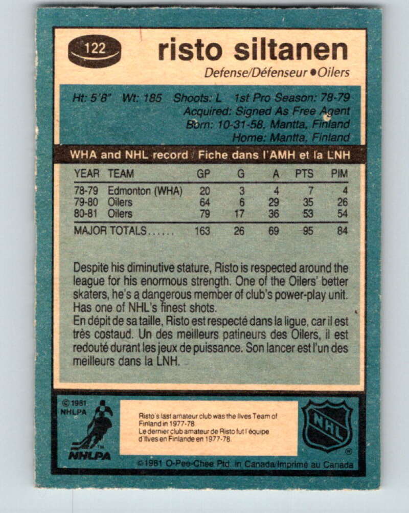 1981-82 O-Pee-Chee #122 Risto Siltanen  Edmonton Oilers  V30301